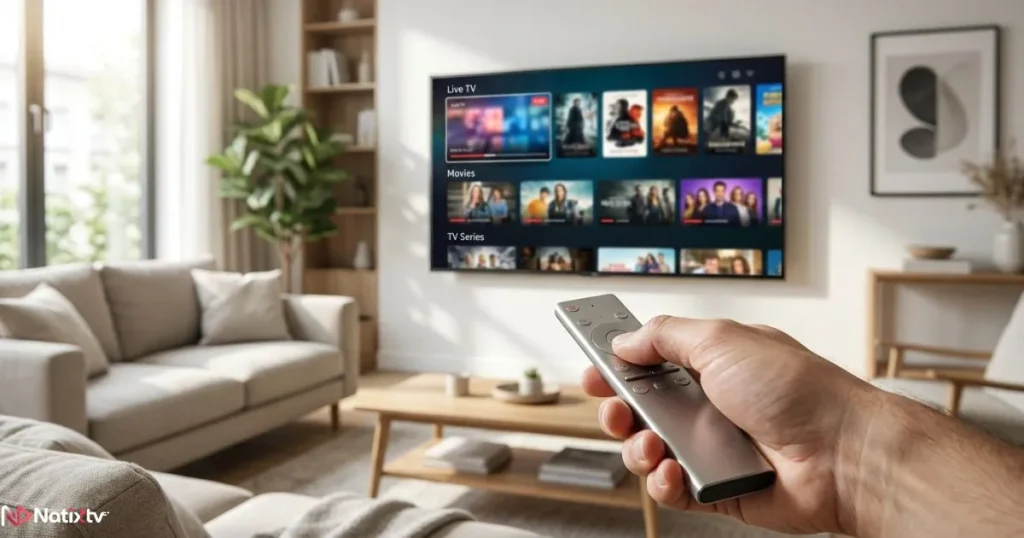 Viewer using a remote to browse an organized IPTV channel list.