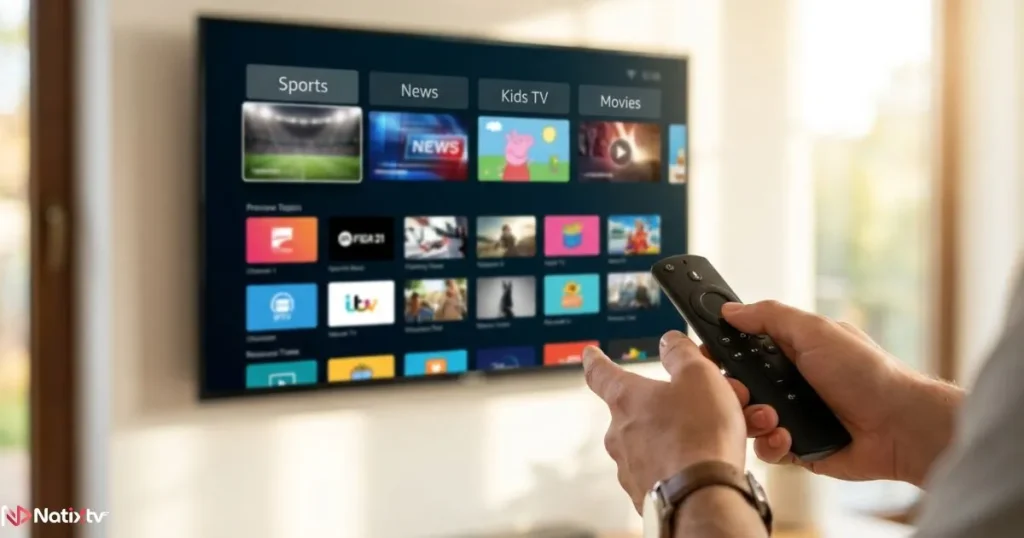Firestick channel management interface with IPTV apps for Firestick displayed on a Smart TV, with a remote control in hand