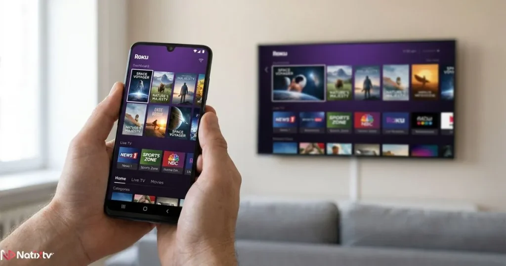 Roku IPTV mobile control with a smartphone displaying a live channel interface mirrored on a wall-mounted TV