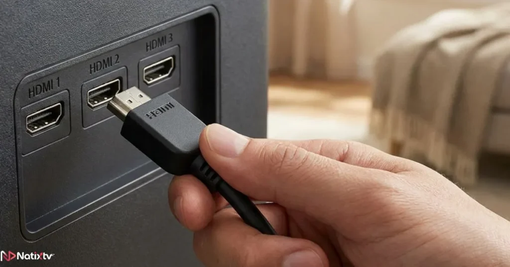 Close-up of an HDMI connection being plugged into a TV port for an IPTV setup