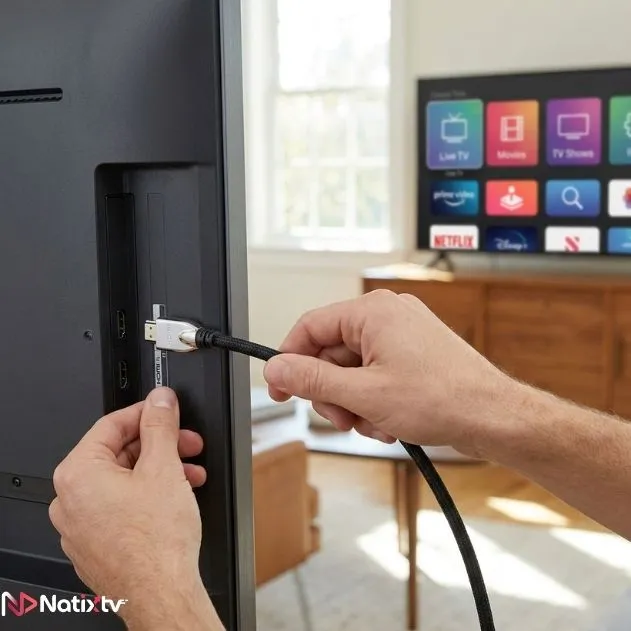 HDMI streaming cable being connected to a TV for IPTV via HDMI setup