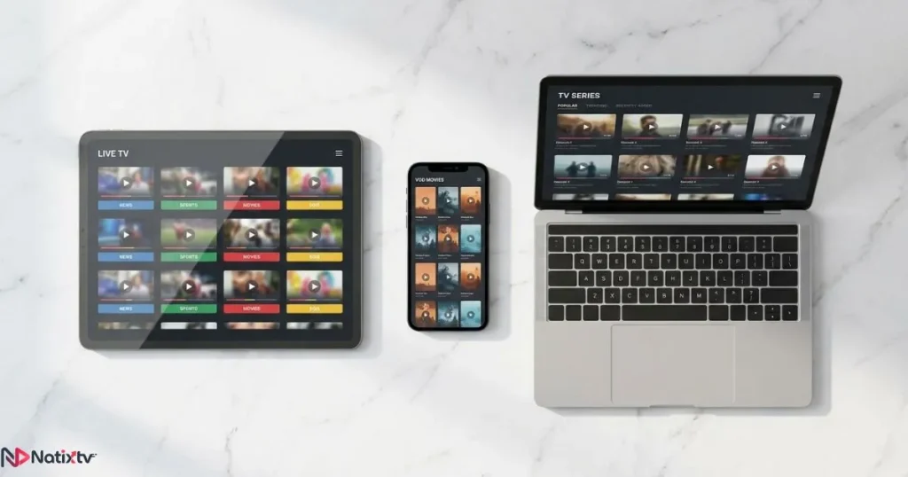 IPTV benefits shown across multiple devices including tablet, smartphone, and laptop