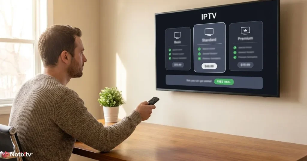 Choosing an IPTV cable subscription plan on a Smart TV with a free trial option
