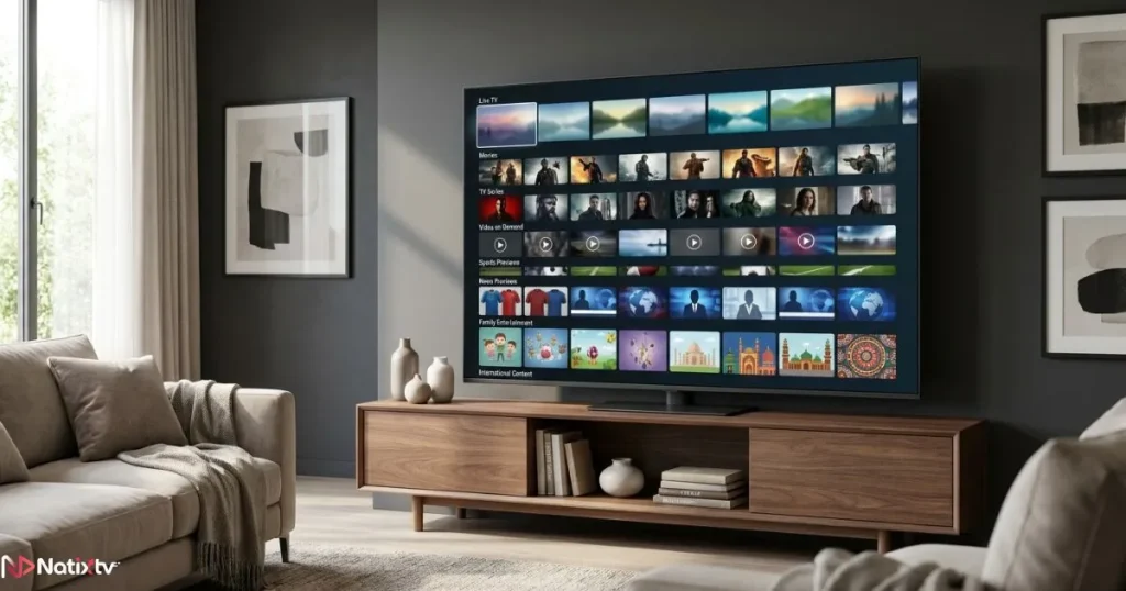 Smart TV showing IPTV groups organized by content categories.
