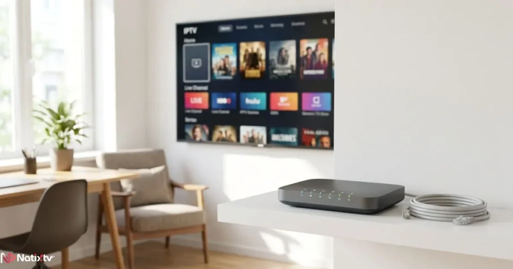 Home network setup with router and Ethernet cable for stable IPTV streaming performance