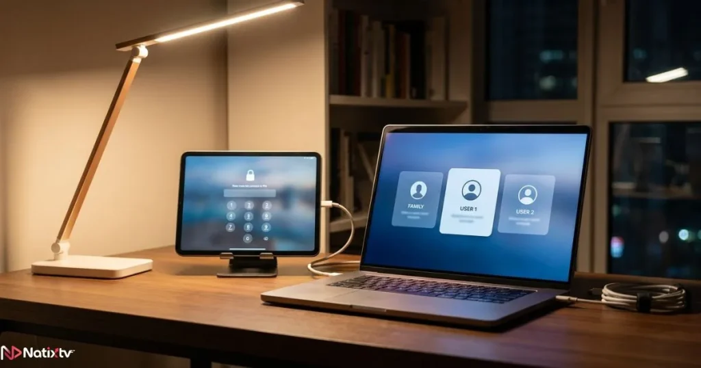 IPTV app profiles and parental controls setup shown on laptop and tablet screens