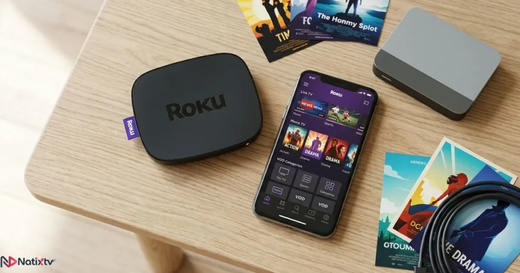 IPTV on Roku from phone setup showing a streaming device, remote, smartphone, and router on a flat-lay surface