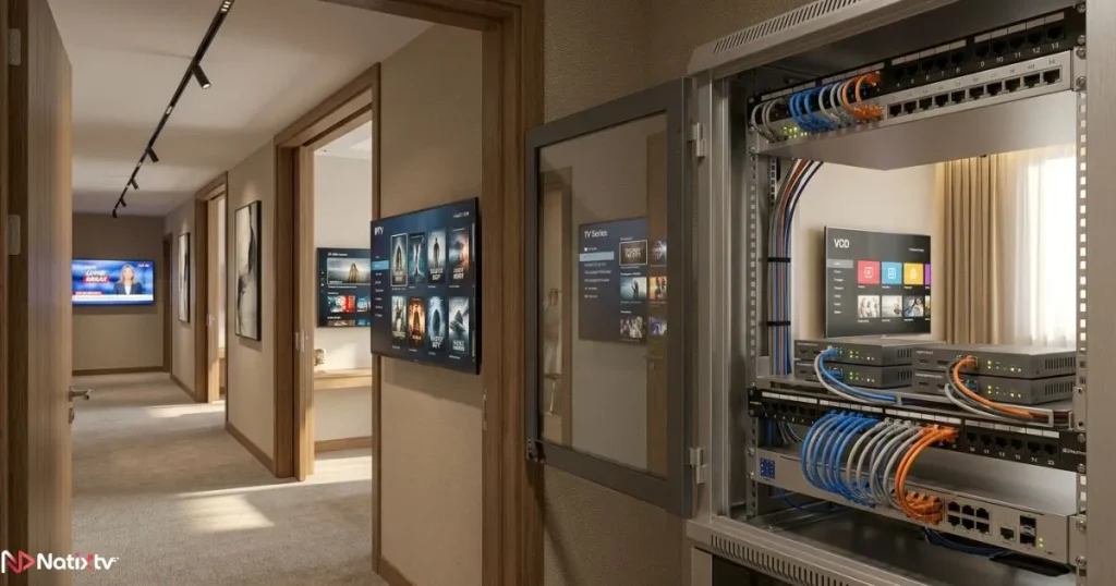 HDMI streaming encoder distributing IPTV video across multiple hotel screens