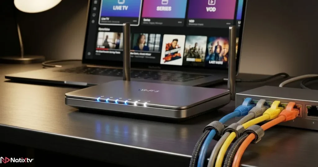IPTV network optimization setup with Wi-Fi 6 router and Ethernet cables for stable streaming