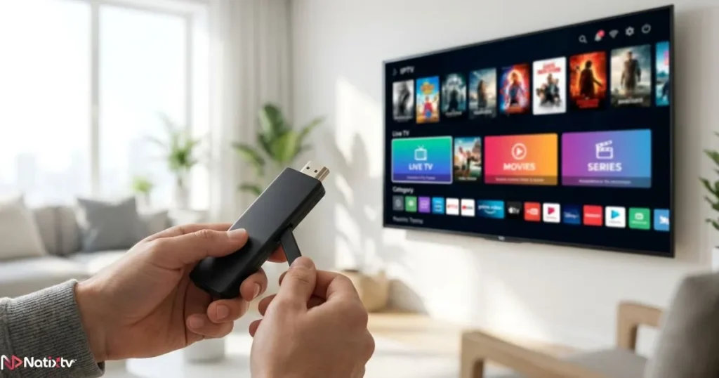 IPTV streaming stick with HDMI connector held in front of a TV showing an IPTV interface