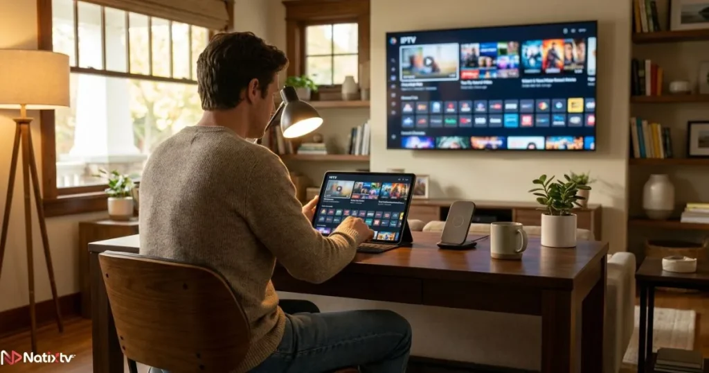 Multi-device IPTV organization with a tablet and Smart TV streaming interface.