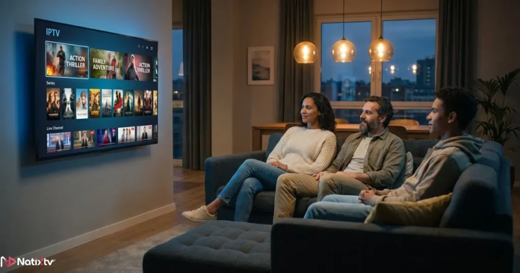 Group of people watching IPTV without buffering on a Smart TV during peak evening hours