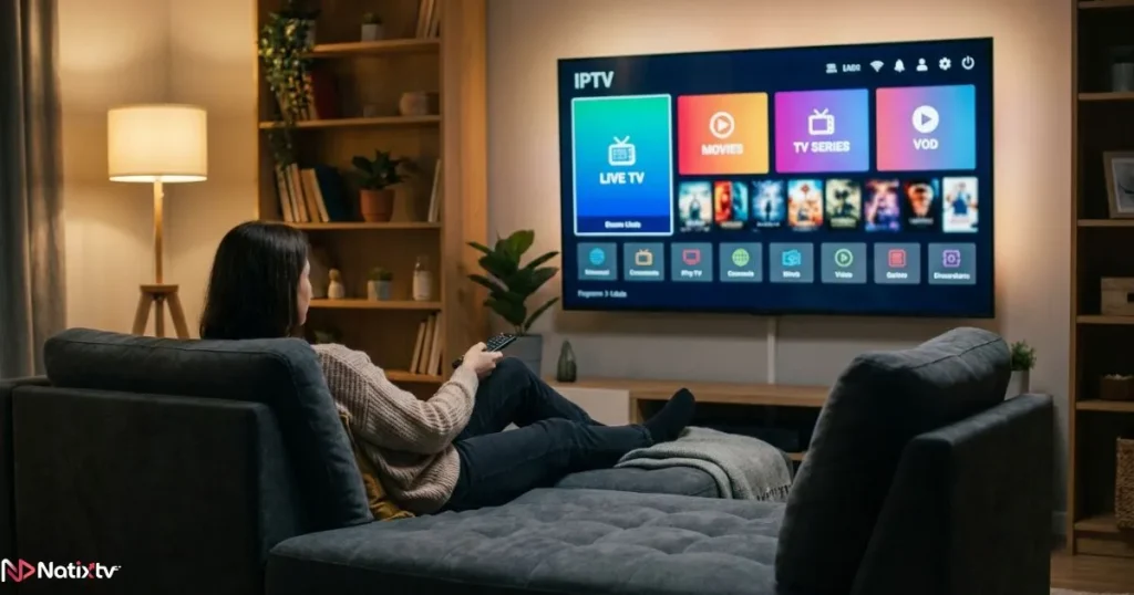 Smart TV IPTV streaming in a living room with HDMI IPTV setup and on-demand content