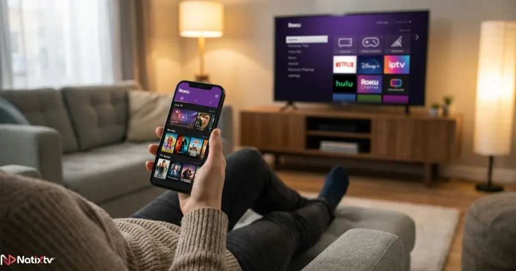 Roku IPTV screen mirroring in use with a person controlling live TV content from a smartphone on the sofa