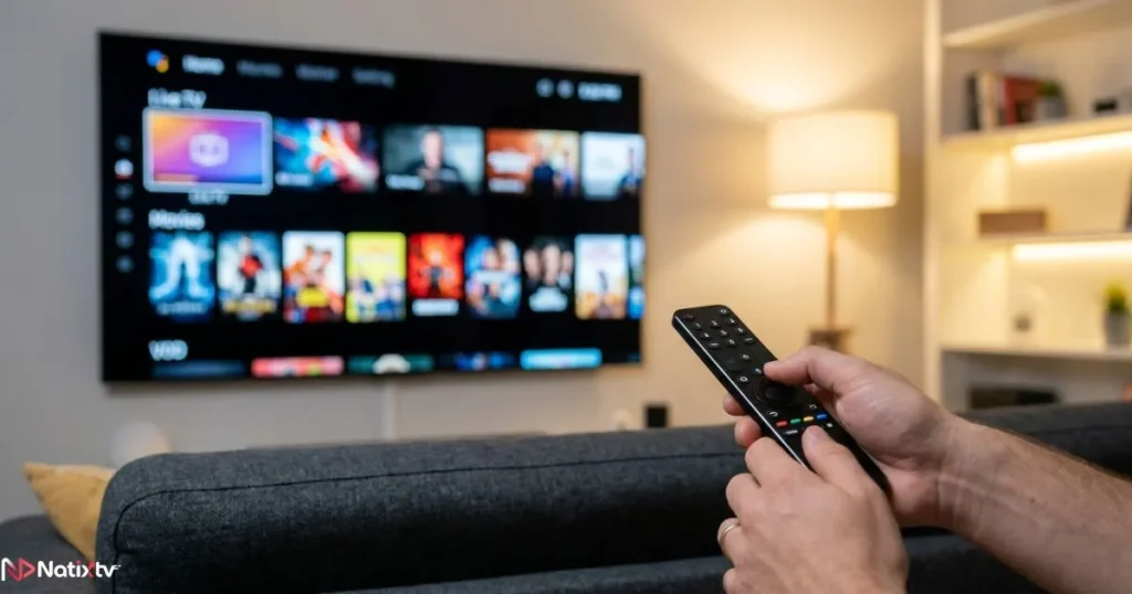 HD IPTV streaming on a Smart TV with a fully loaded content interface and remote control