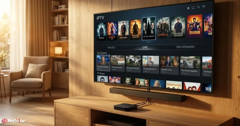 IPTV box connected via HDMI to a TV and soundbar showing a live IPTV content interface