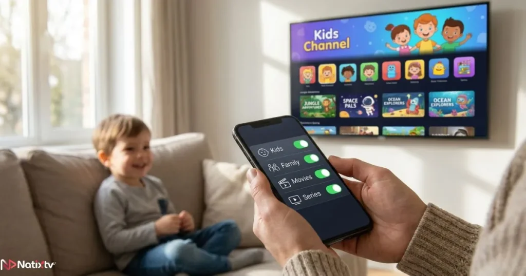 Family IPTV plan with parental controls and kids content filtering on smartphone