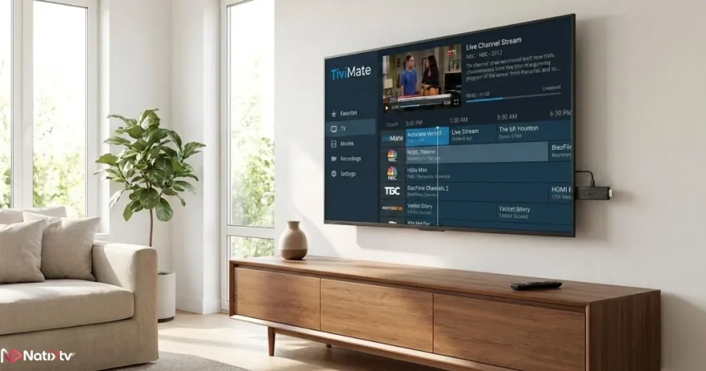 Fire TV Stick connected to a smart TV displaying a TiviMate Downloader code installation setup