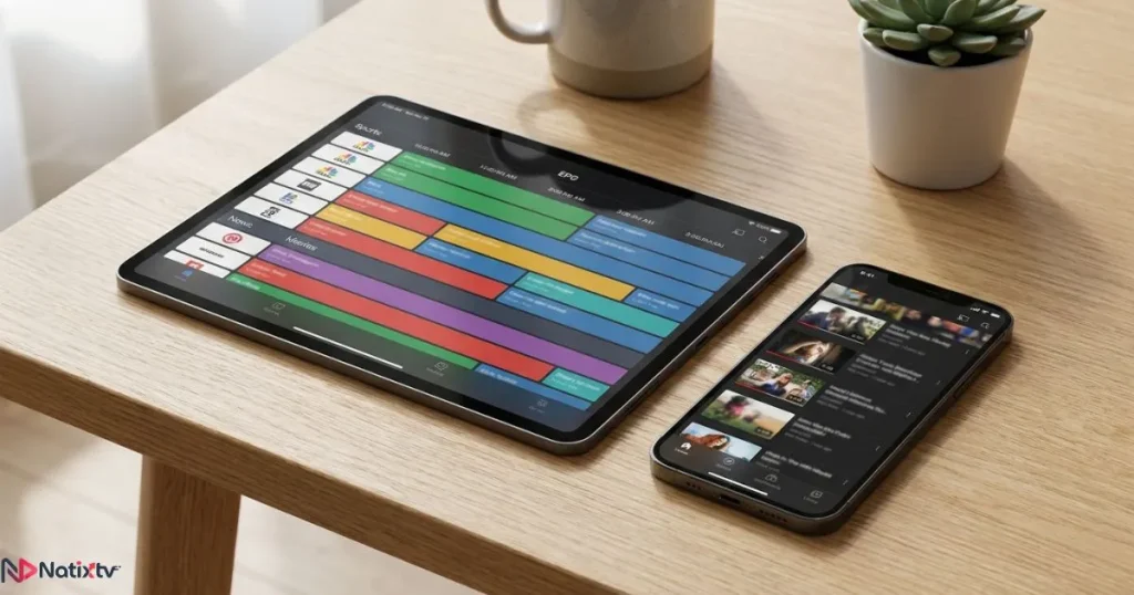 Tablet and smartphone displaying an IPTV schedule today interface side by side