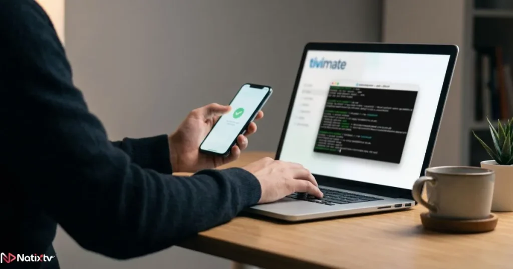 Verifying a TiviMate APK download using SHA-256 hash on a laptop