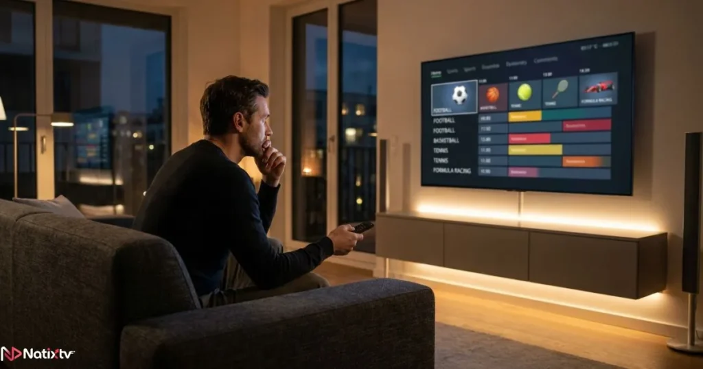 Man browsing the sports schedule IPTV interface on a large smart TV in a modern apartment