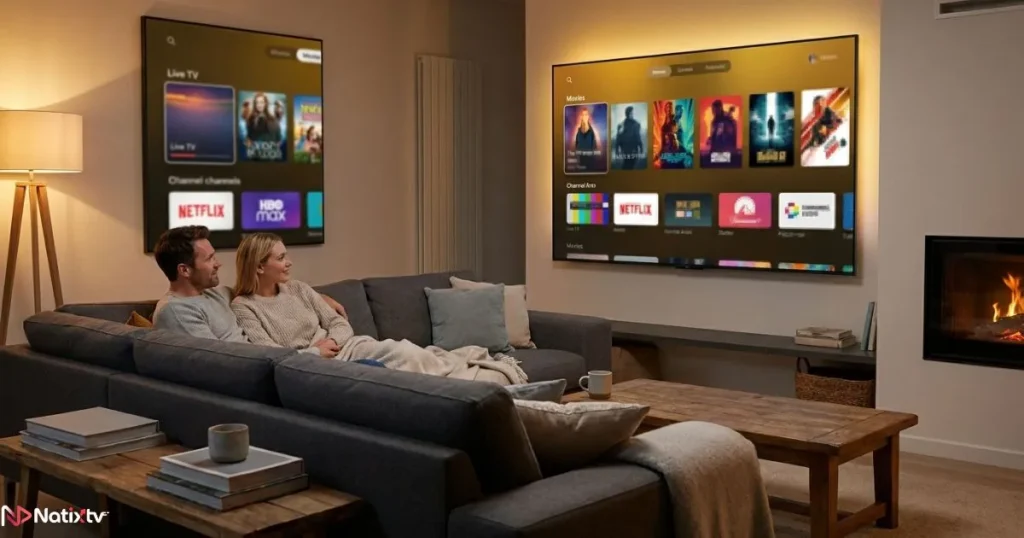 Couple enjoying IPTV streaming after completing TiviMate updates and safe installation