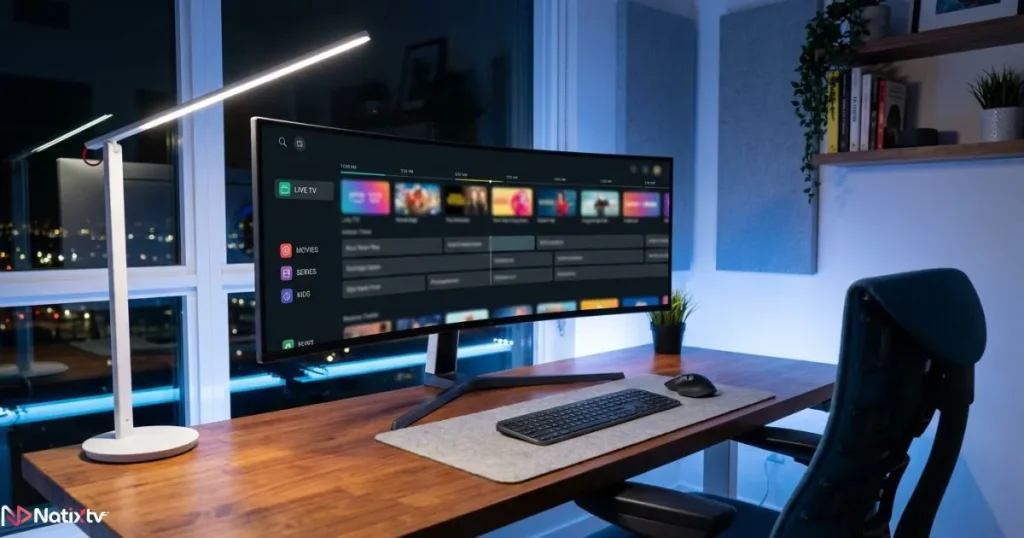Desktop monitor showing a full electronic program guide with live TV channels organized by category