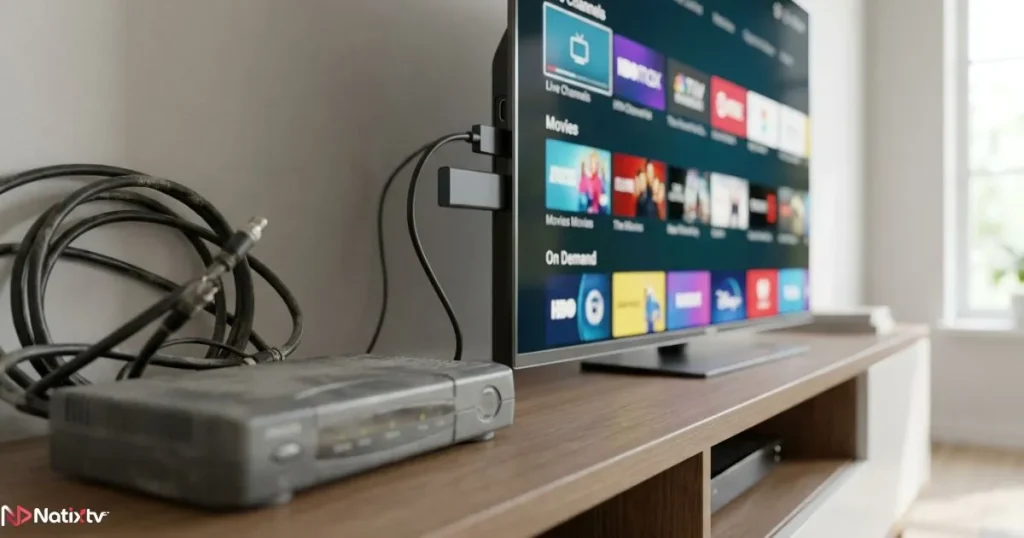 Comparison between old cable television hardware and a modern internet TV streaming setup