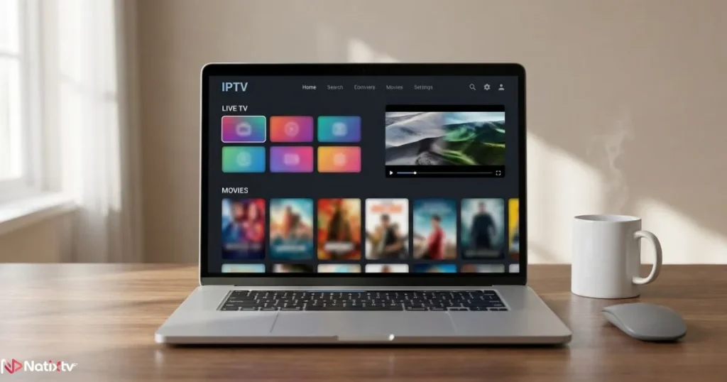 laptop displaying an M3U IPTV playlist interface with live channels