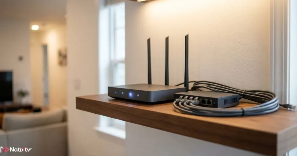 Home networking setup with router and ethernet cable for IPTV streaming equipment