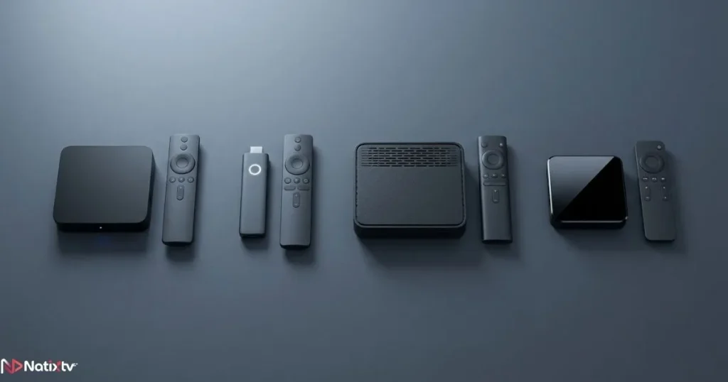 Different IPTV box and IPTV receiver devices displayed on a surface