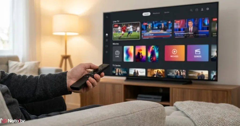 Smart TV IPTV interface showing live channels and on-demand content