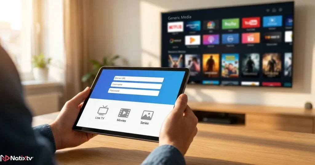 person setting up an IPTV code on a tablet next to a smart TV