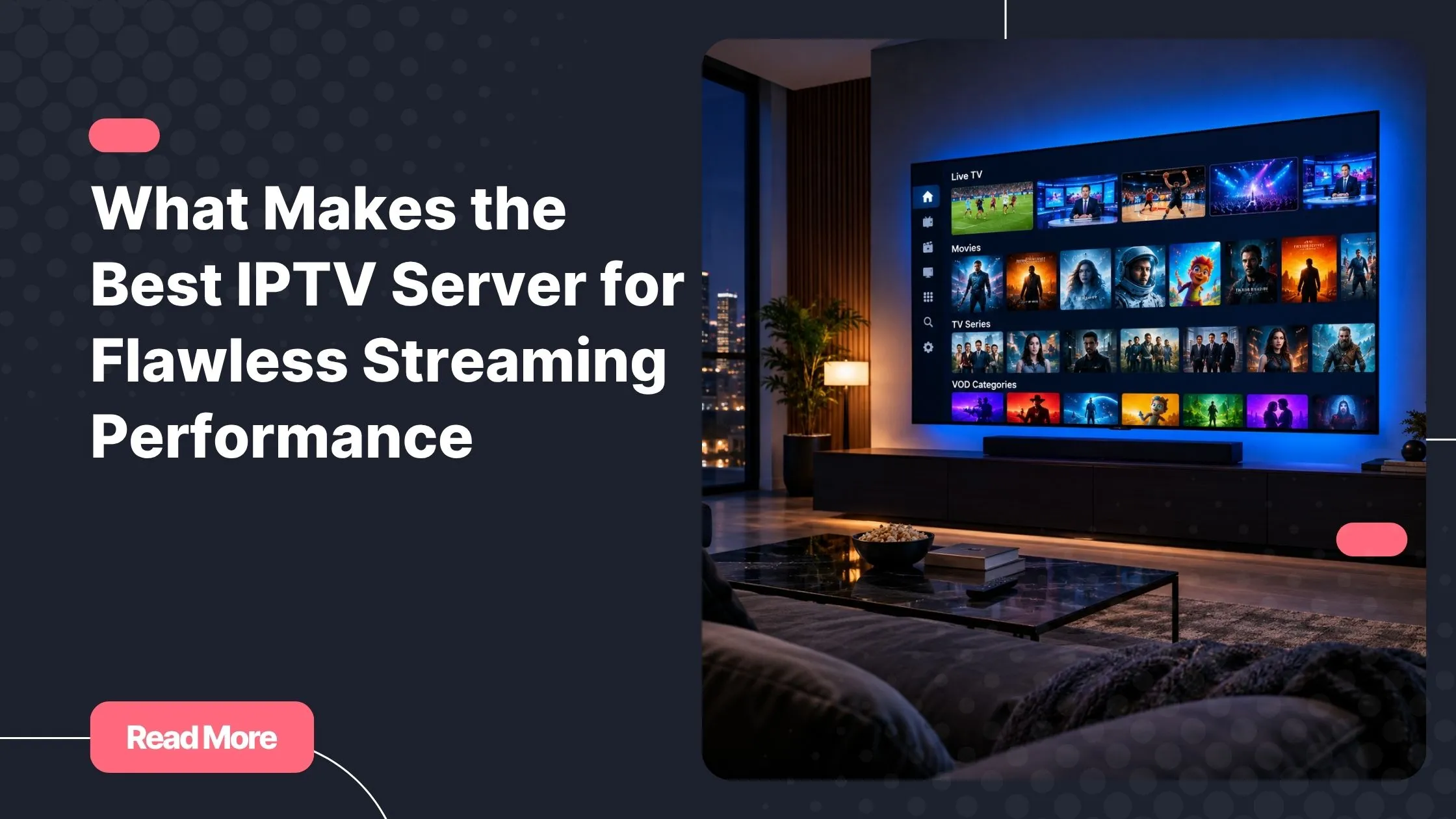 A modern living room setup showing a Smart TV with a full IPTV streaming interface, representing best IPTV server performance.