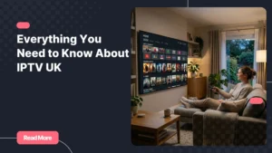 A person enjoying IPTV UK streaming on a modern Smart TV in a comfortable living room