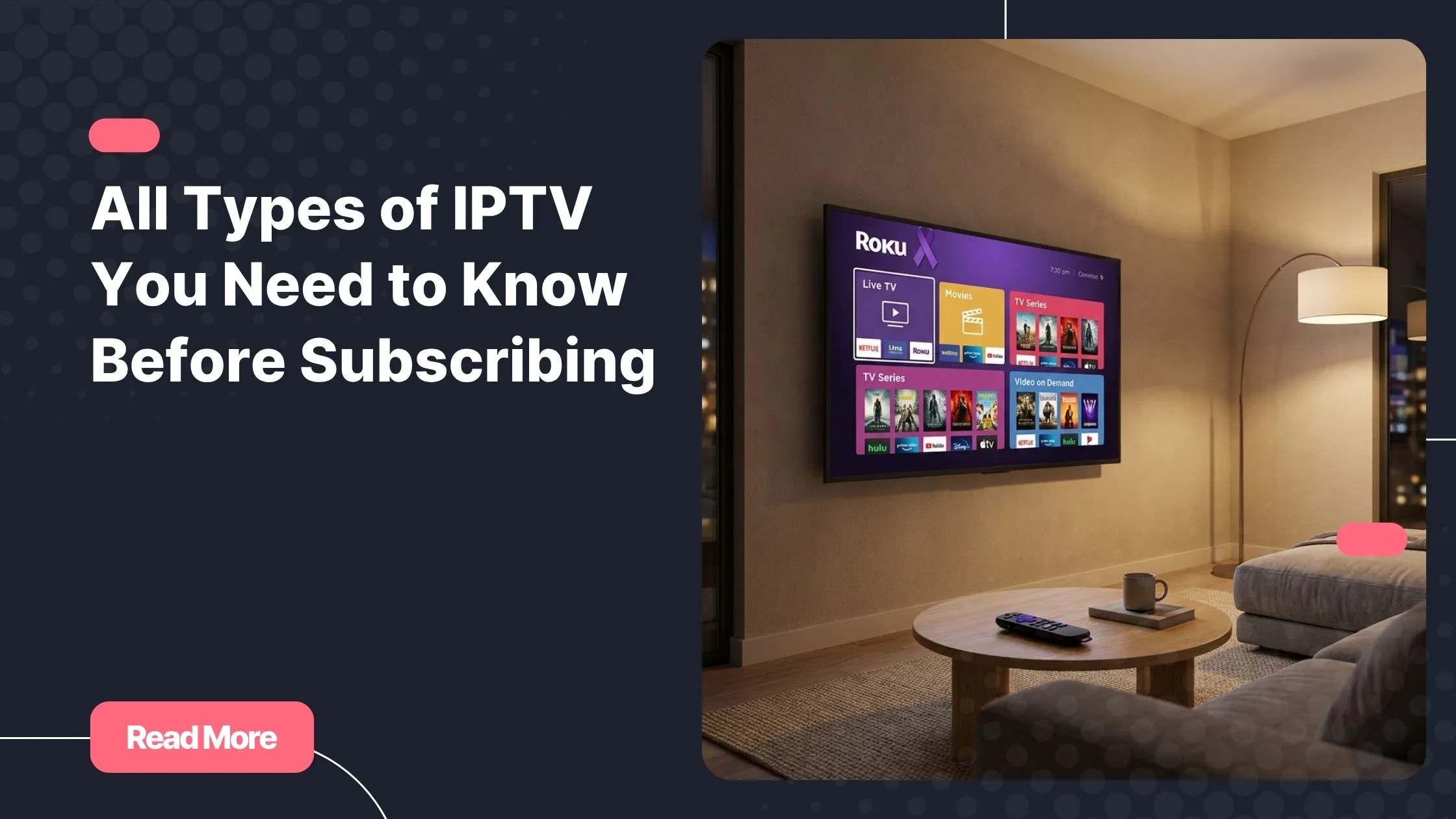 Roku IPTV app displayed on a living room television with channel content tiles visible