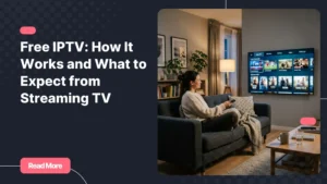 Person browsing free IPTV channels on a Smart TV in a modern living room