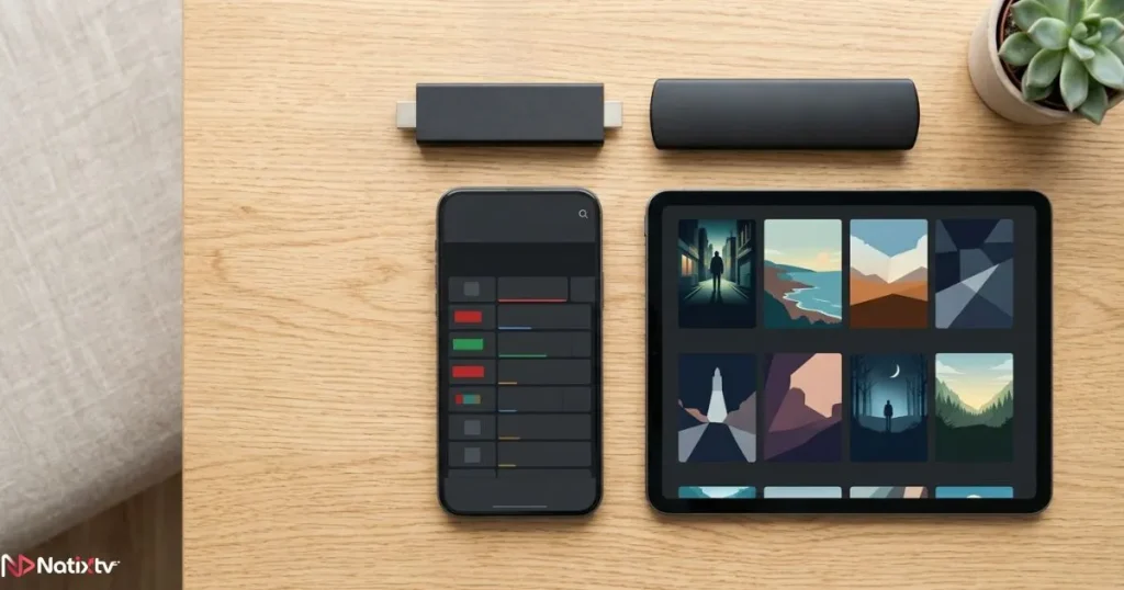 IPTV alternatives displayed across multiple devices including Firestick, smartphone, and tablet