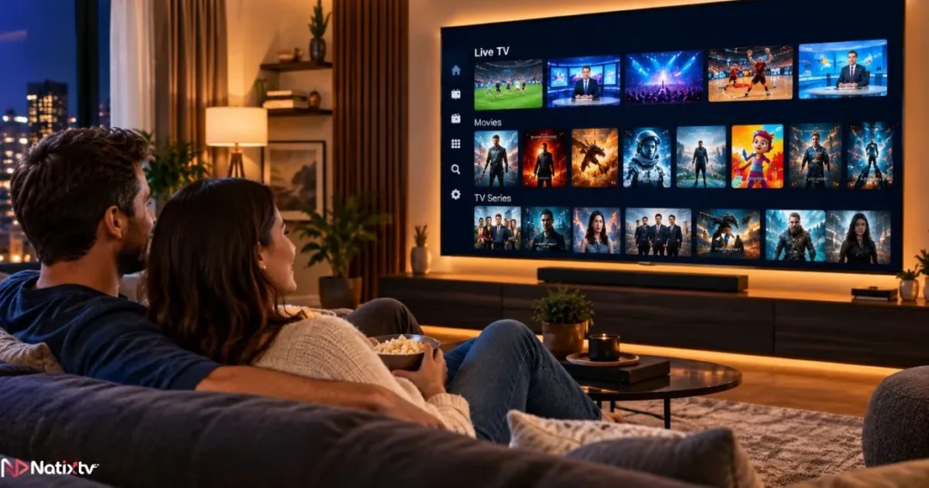 A couple enjoying seamless IPTV streaming performance on a Smart TV, made possible by a fast and reliable IPTV server connection.