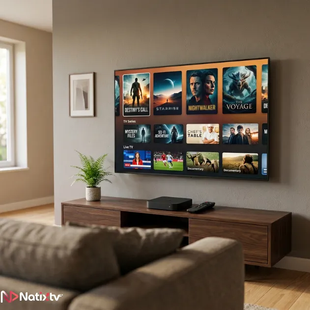 Modern home entertainment setup showing a free streaming TV interface with live channels and VOD content