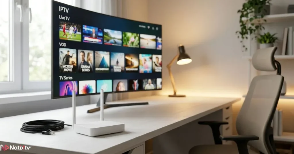 IPTV viewing experience setup with router and active smart screen