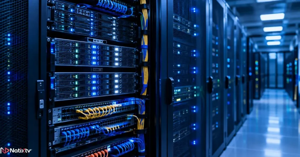 Professional data center server racks with steady uptime indicators, illustrating IPTV server stability and reliable infrastructure.