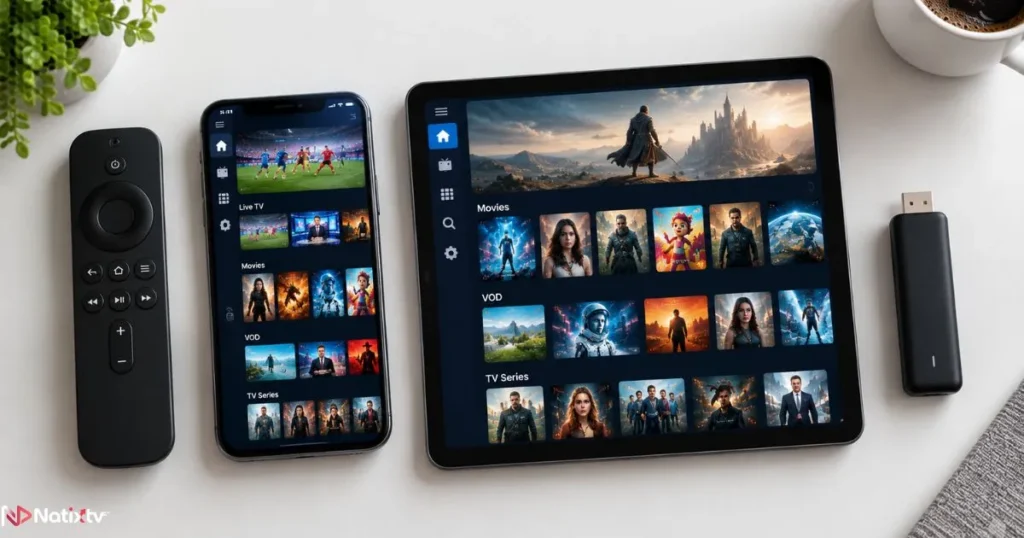 Multiple devices compatible with a reliable IPTV server, showing an IPTV interface across smartphone, tablet, and streaming stick.