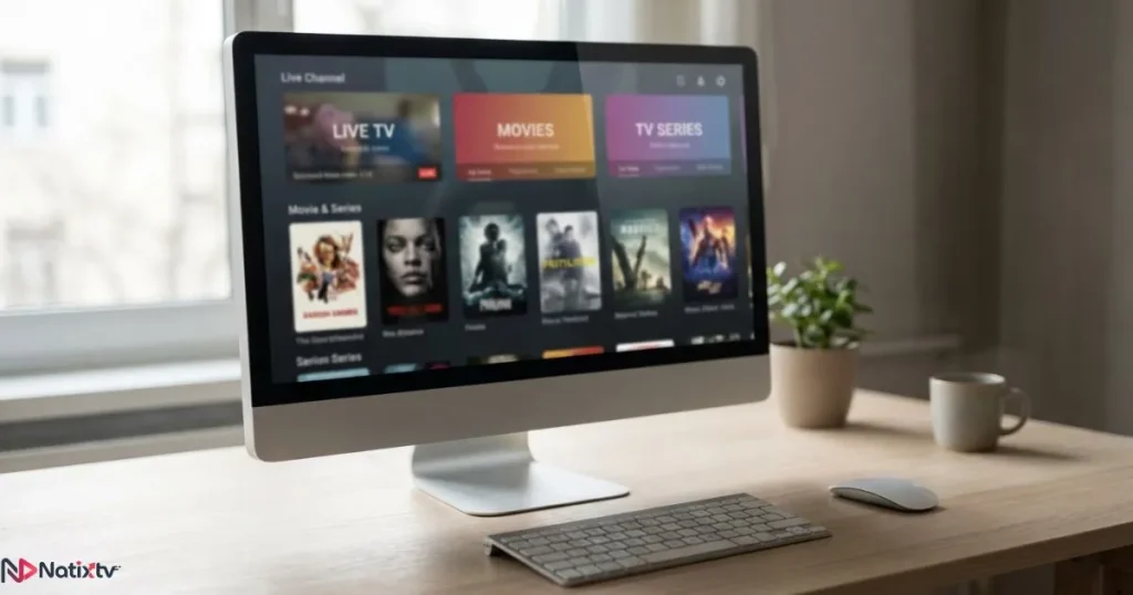 IPTV streaming links displayed through a desktop computer on a clean workspace