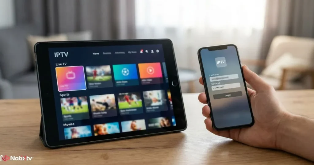 M3U links and Xtream Codes access shown on a tablet and smartphone side by side