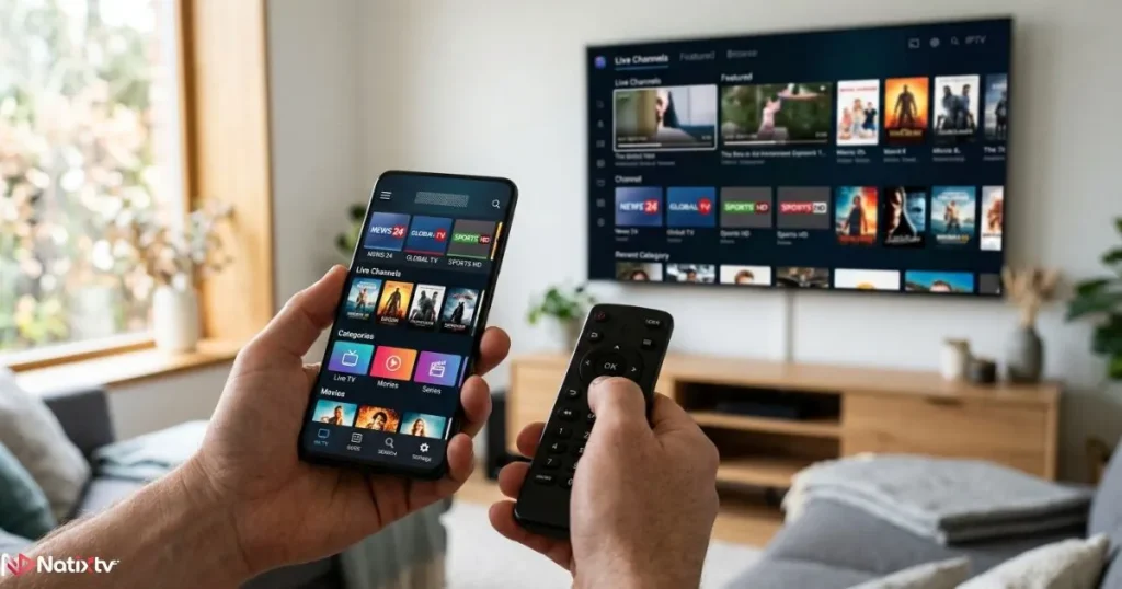 Smartphone and remote control used to navigate a free IPTV streaming interface on a Smart TV